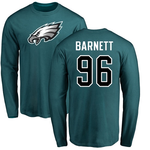 Men Philadelphia Eagles #96 Derek Barnett Green Name and Number Logo Long Sleeve NFL T Shirt